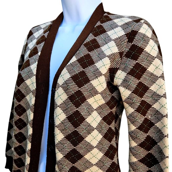 1970s Japan Knit Cardigan XS Argyle Brown Cream V-Neck Button Front - Picture 2 of 12